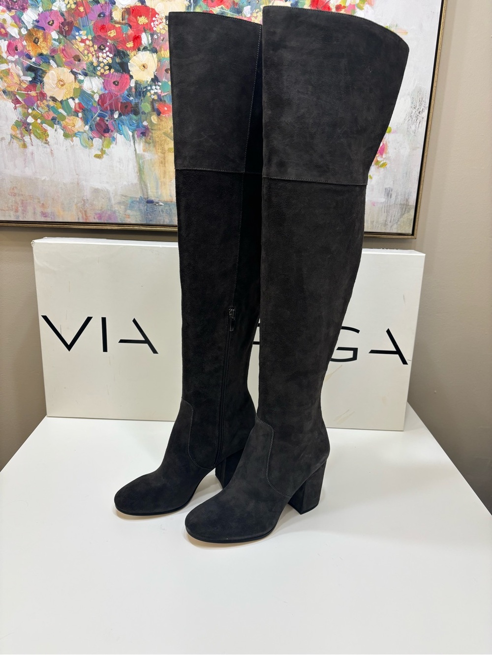Via Spiga V-Beline Graphite Suede Over-the-Knee Thigh High Boots 6.5 NWT